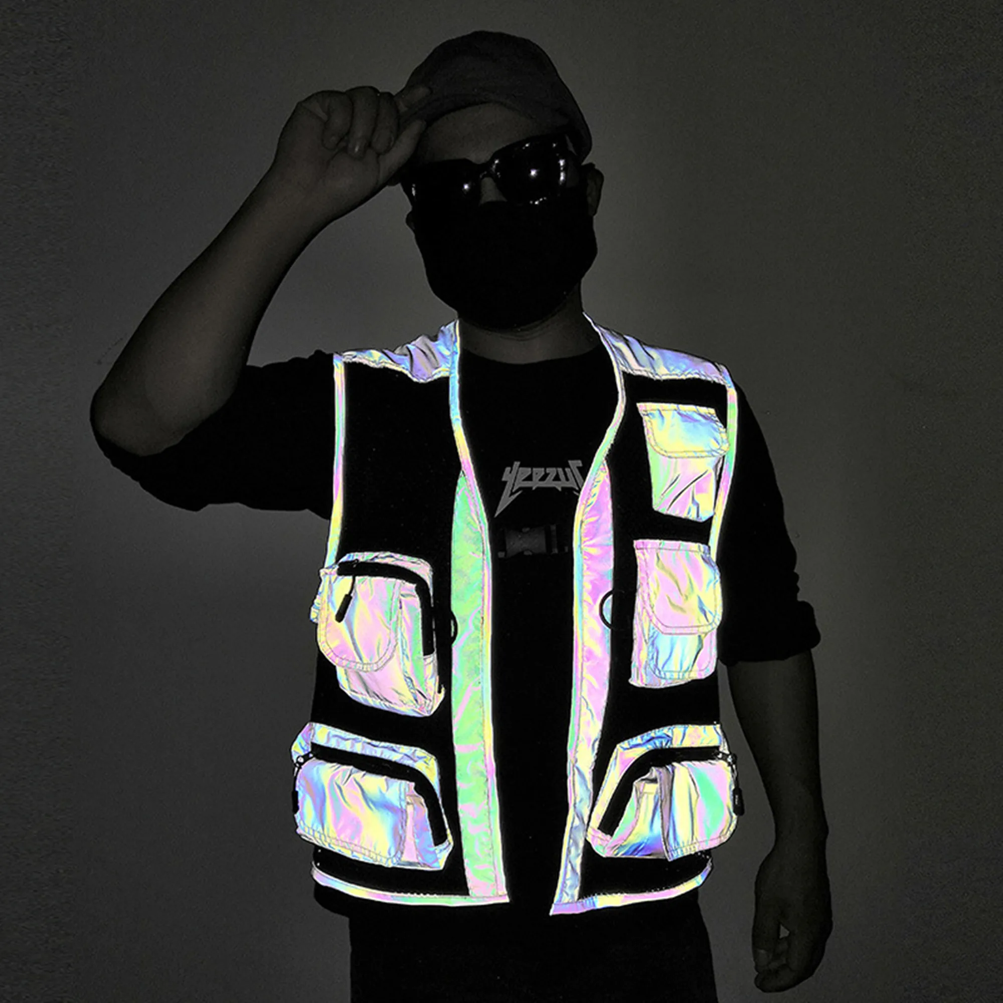 Men\'s Holographic Reflective Colorful Rainbow Vest Unique Reflective Multi-Pocket Function Waistcoat