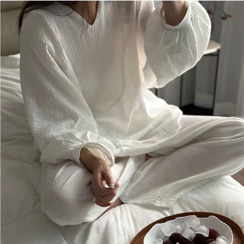 White Solid Color Casual Home Pajamas for Women Female New Basic Long Sleeve Pullovers Simple Pant Fashion 2 Pieces Pajamas Set