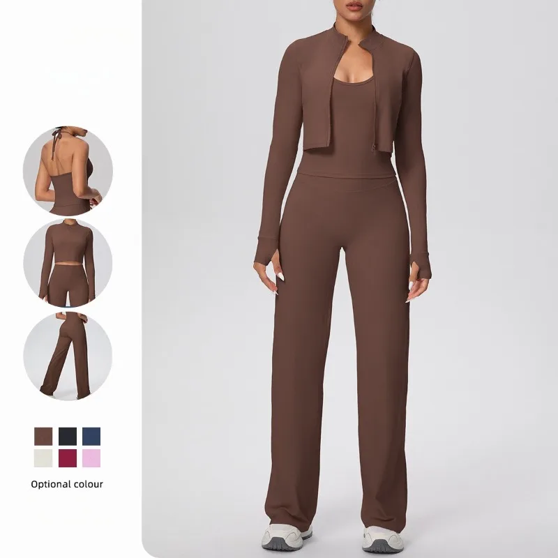 

Женский шерстяной плотный комплект для йоги, топ на шнурке с подвесным воротником, майка с широкими штанинами, длинный комплект из трех предметов для занятий спортом и отдыха на открытом воздухе, фитнес-набор