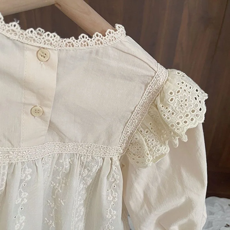 Kinder Frühling Herbst Spitzen-Puppenhemd Langarm Mädchen Atmungsaktives Studentenhemd Dehnbares Bequemes Baby-Oberteil Lässig Süßes Kinderhemd – Detail 3