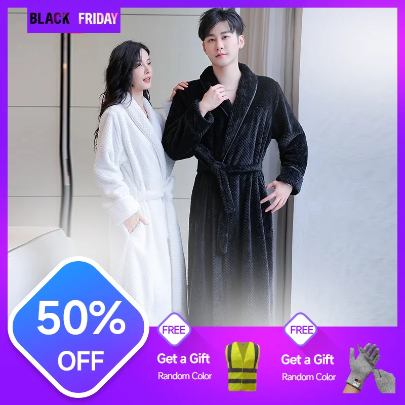 

Autumn and Winter Bathrobe Thickened Beibei Velvet Couple's Sleeping Robe Extended Men's Bathrobe Flannel Women's Robe Sleepwear