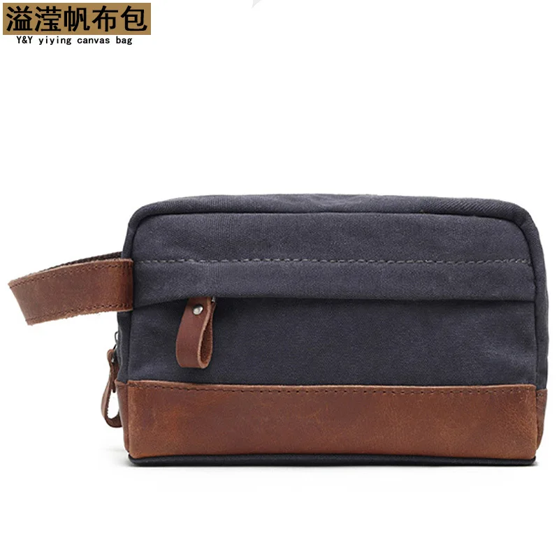 

Retro Crazy Horse Leather Canvas Bag Horizontal Small Square Bag Men's Fashion Simple Versatile Casual Business Trend Large Capa