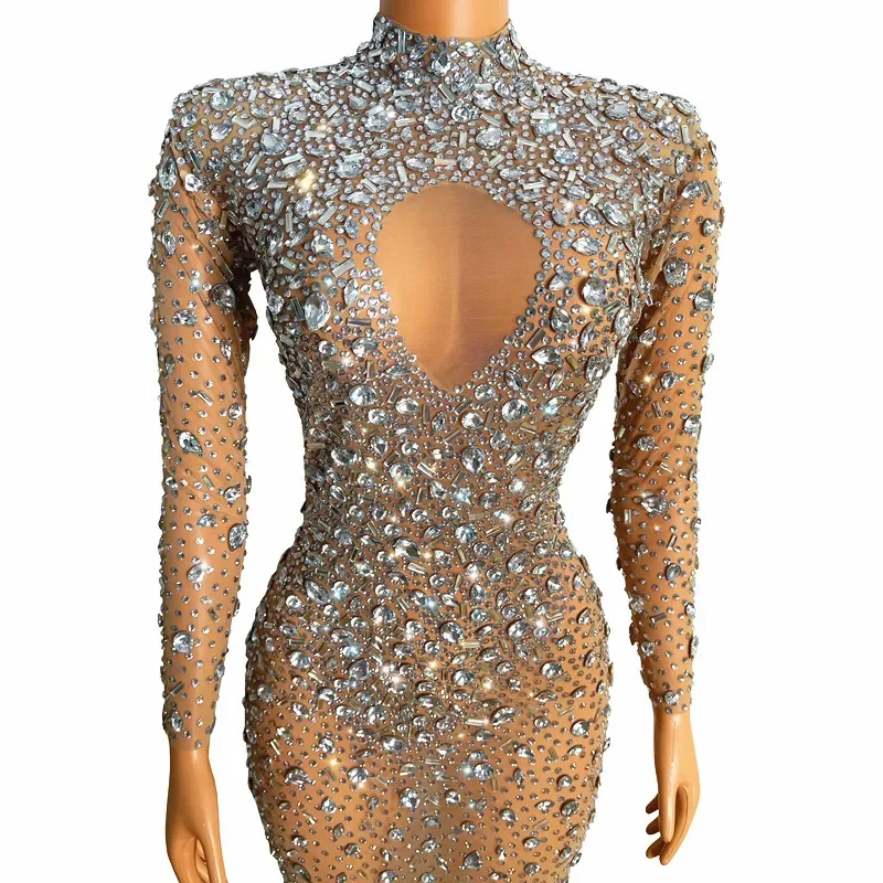 

Flashing Silver Crystals Stones Sexy Transparent Long Dress Evening Birthday Celebrate Mesh Stretch Dance Long Sleeves Dress