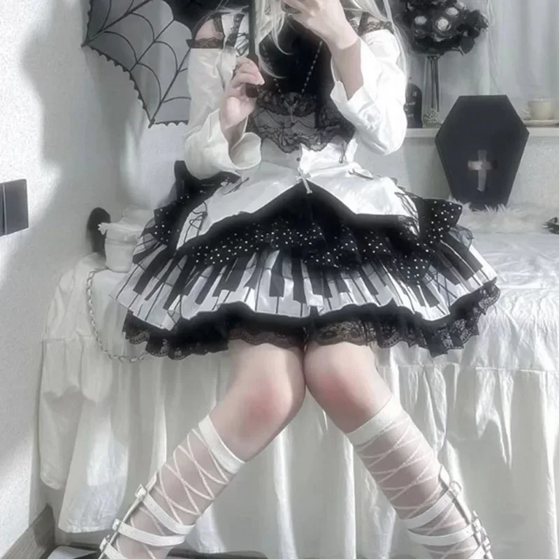 2024 ญี่ปุ่นPunk Gothic Lolita Kawaiiเค้กกระโปรงRetroเปียโนคีย์Wave Dotกระโปรงลูกไม้สีดําสีขาวFairy Grunge Y2kผู้หญิงกระโปรง