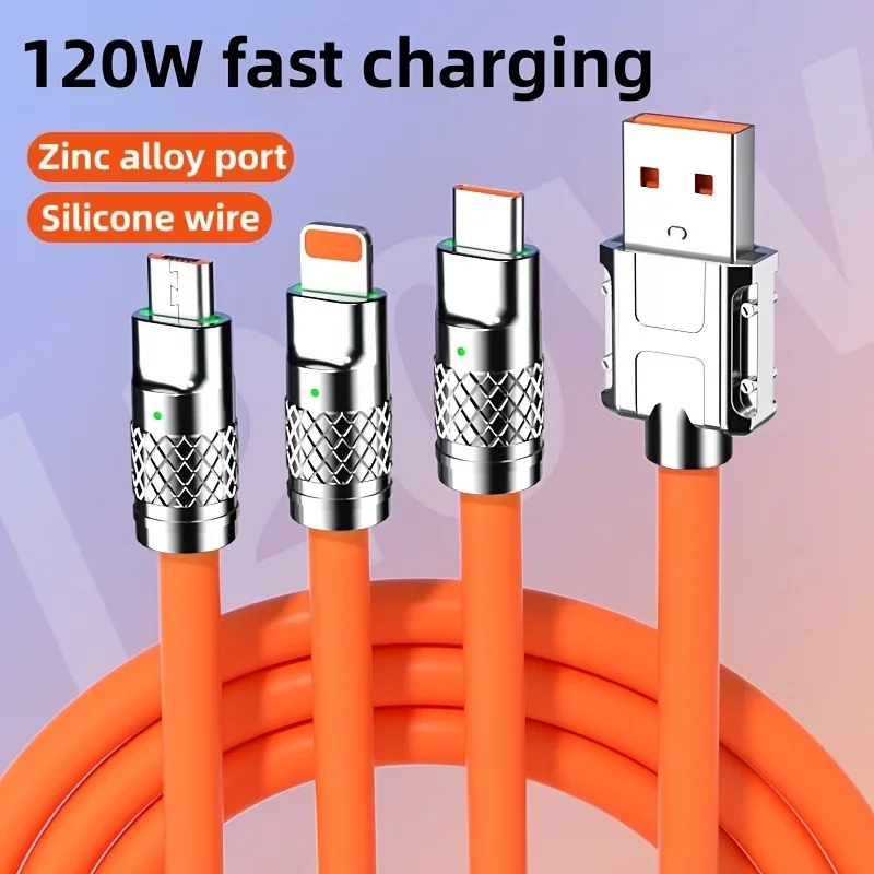 120W Usb Micro Type C Charger Cable 3 In 1 silicone bold Fast Charging Cable For iPhone 14 13 12 11 pro max Samsung Xiaomi