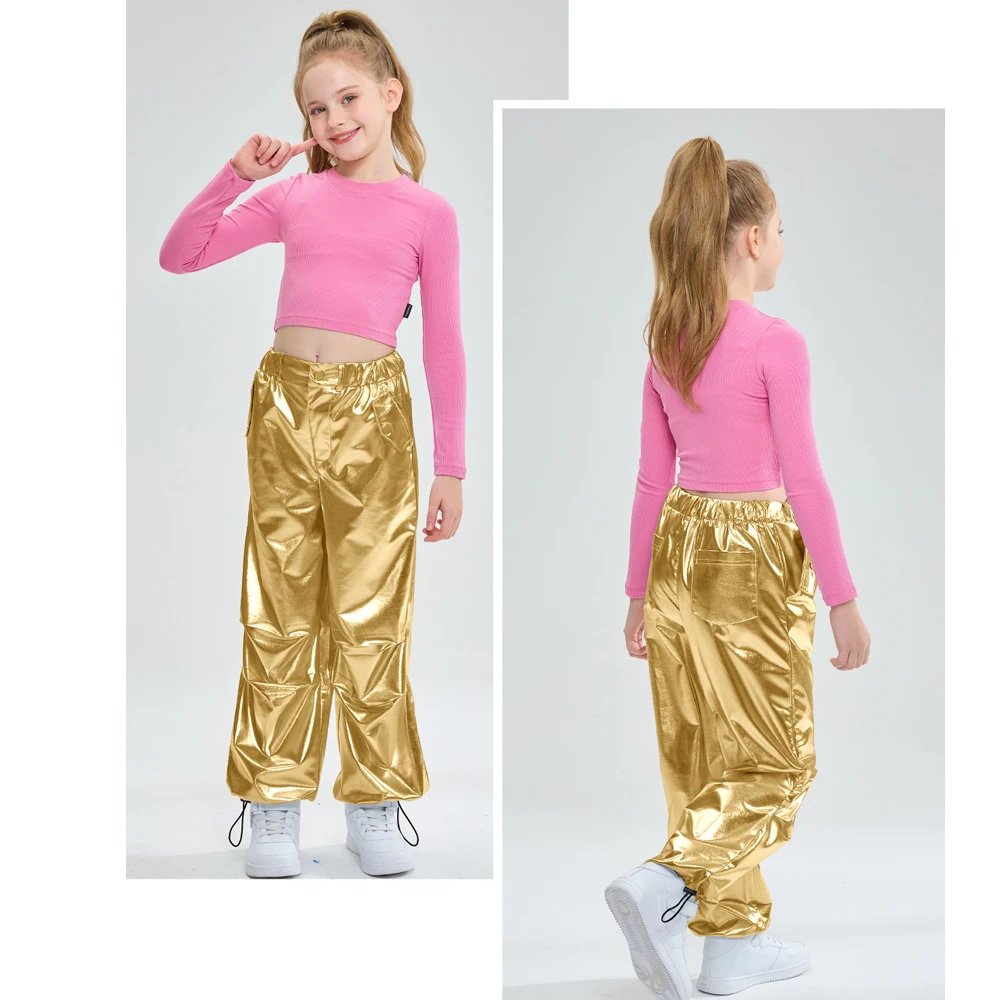 LOlanta Girls Metallic Jogger Pants Jazz Street Hip Hop Dance Shiny Trousers Loose Fit Cargo Pants Elastic Waist Streetwear