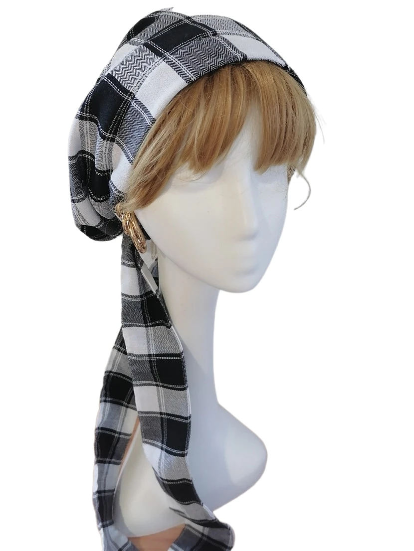 

Lattice Streamers Womens Plaid Hats Girls Bonnet Bohemia Caps Vintage Headpiece Medieval Maid Hat Beanie