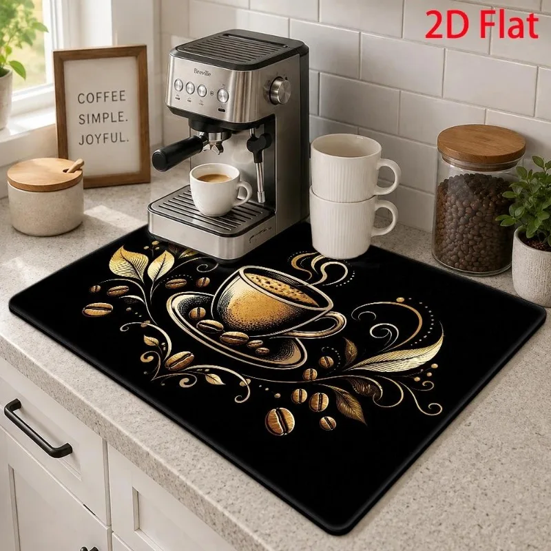 Dish Drying Mat Luxury Golden Swirls Embossed Coffee Bean Countertop Protector Black Bar Pad