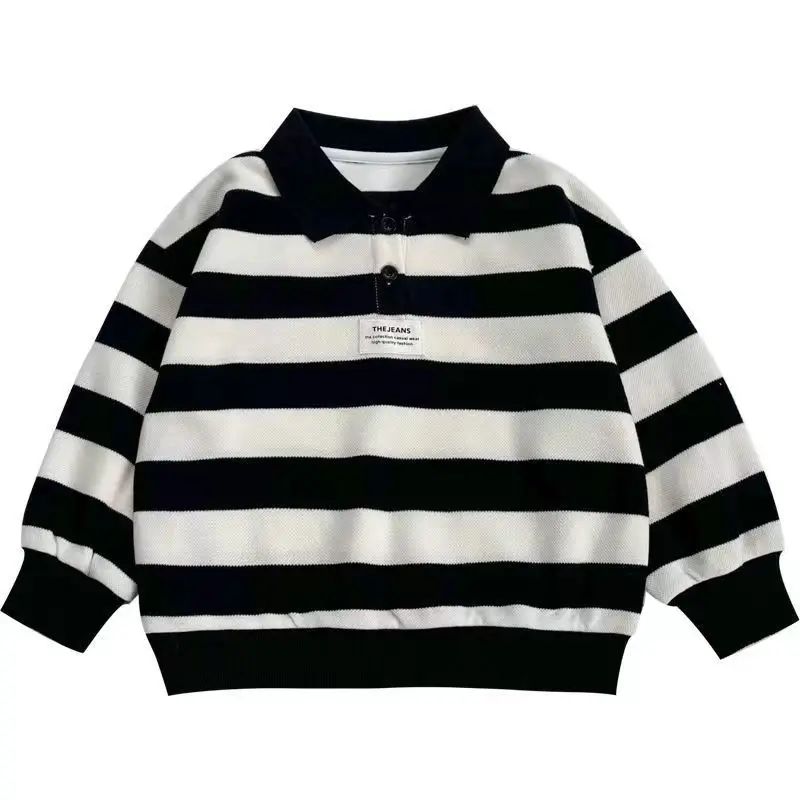 Boys Clothing Spring New 2023 Fashion Casual Kids Long Sleeve Lapel Striped Printed Loose Korean Version All-match Sweatshirts