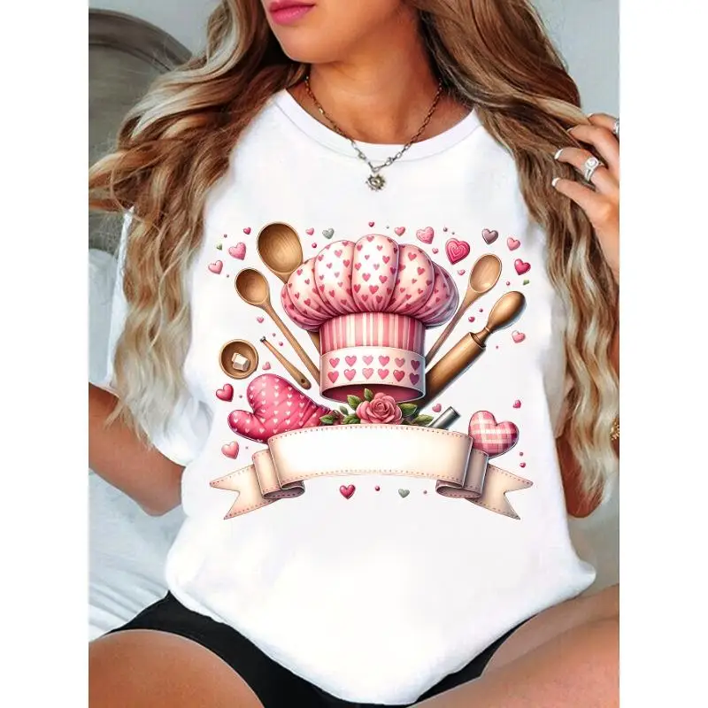 

Cute Baking T-Shirt, Chef Hat Heart Love Pastry Cook Graphic Tee, Women Kitchen Lover Baker Appreciation Gift Top