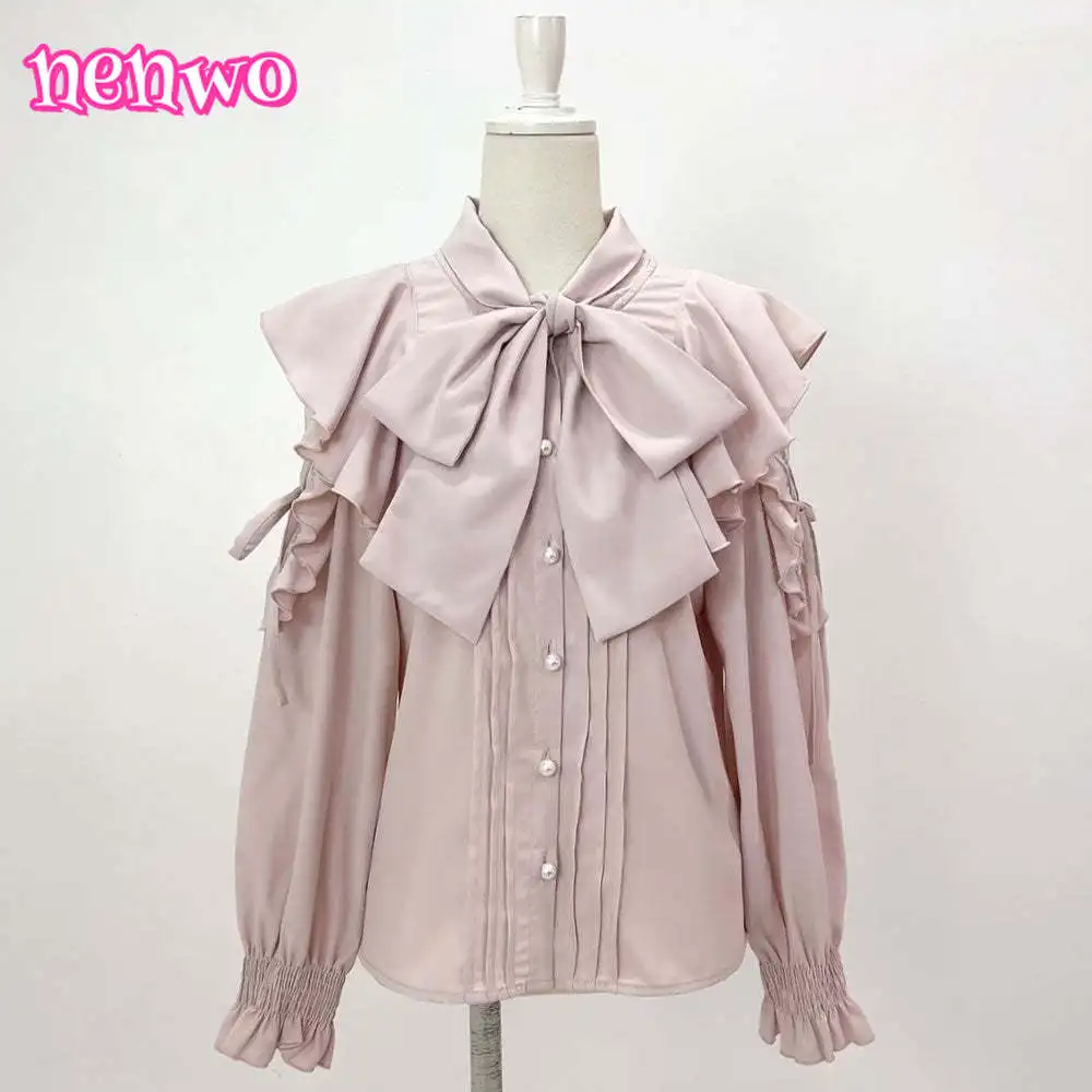 Rojita – chemisier japonais à manches longues, couleur unie, épissure de dentelle, bord à volants, chemises à bretelles, grand nœud, chemisier blanc