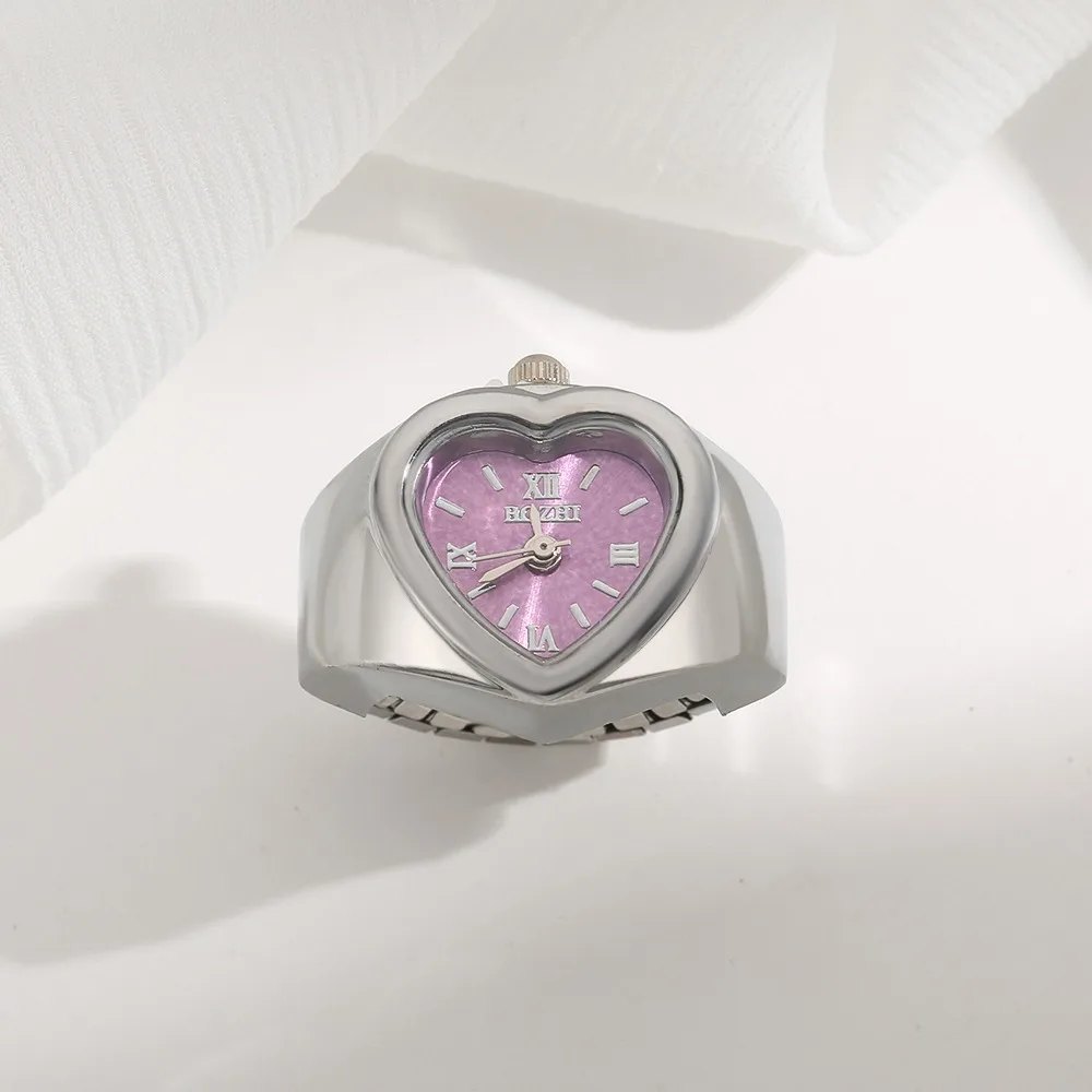 Retro Alloy Ring Watch Stainless steel Quartz Movement Heart Shape Rings Watch Elastic Strap Heart Shape Finger Watch Jewelry