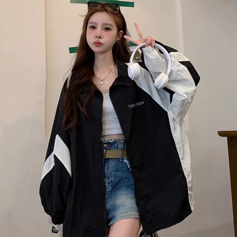 Harajuku Women Casual Jackets Korean Sweet Loose Zipper Patchwork Female Coats Preppy Style Fashion Ladies Sunscreen Coat