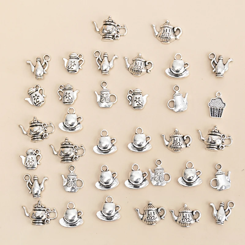 New 35pcs/lot Mixed Tibetan Silver Color Cup Teapot Charms Pendants DIY Handmade Crafts Bracelet for Jewelry Making Accessories