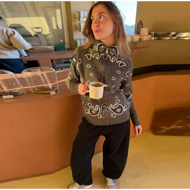 

Knitted Stand Collar Zippers Cardigan Women's Casual Printed Full Sleeve Sweaters 2026 Spring New Female Fashion Knitwear