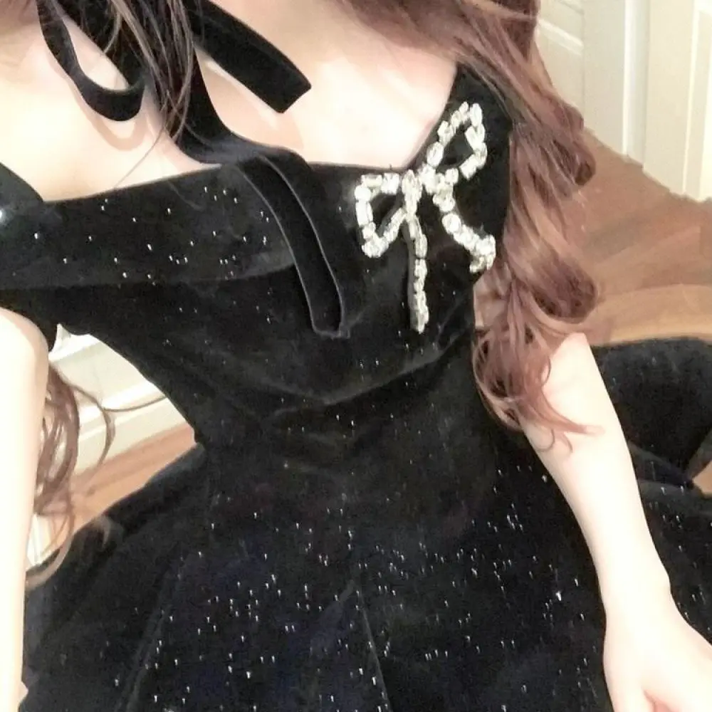 Elegant Velvet Mini Dress Strapless Off Shoulder Princess Party Gown Womens Luxury Bowknot Formal Evening Cocktail Club Dresses