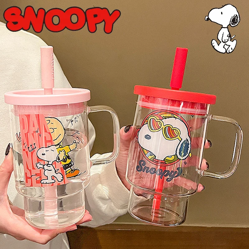 

850ML Snoopy Water Bottle Glass Large Capacity Gym Fitness Drinking Bottle Outdoor Portable Transparent Kawaii Sports Water Cup