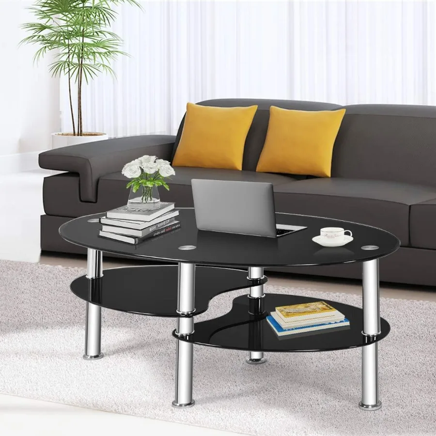 Glass Coffee Table, Modern Style Glass Shelves with Steel Legs for Living Room, Cocktail Tea Table (Black Glass)