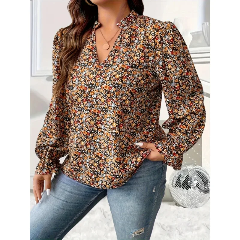 

Plus Size1 XL-5XL New Women's Ditsy Floral Print Flounce Sleeve Blouse Women Fashion V-neck Long Sleeved Shirt