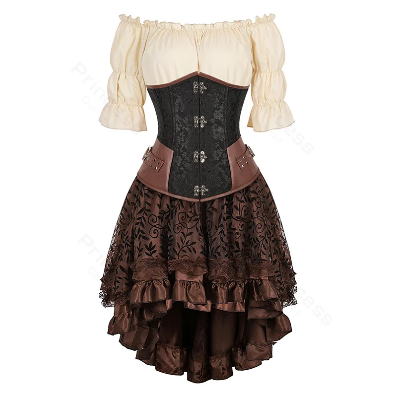 Steampunk Corset Dress Brown Pirate Costume Blouse Shoulder Off Underbust Corset Plus Size Cosplay Pirate Dresses for Women