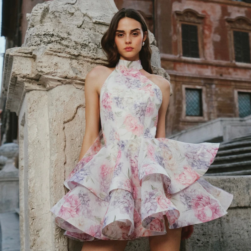 

Noblewoman Style Halter Neck Floral Mini Dress 2025 Summer New Arrivals - Halter Neck Strappy Floral Mini Dress for Women