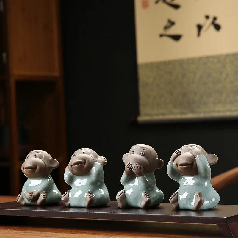 Purple Sand Tea Pet Monkeys Don't Listen, Don't Look, Don't Talk Monkey Tea Pet Decoration Decoration of Tabletop Tea Space