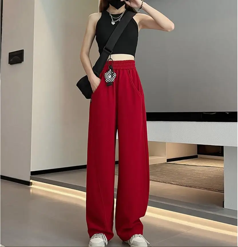 Pants Women Autumn Mopping Banana Pants Girl Red Wide Leg High Waist Straight Trousers Pants Casual Sports Pants