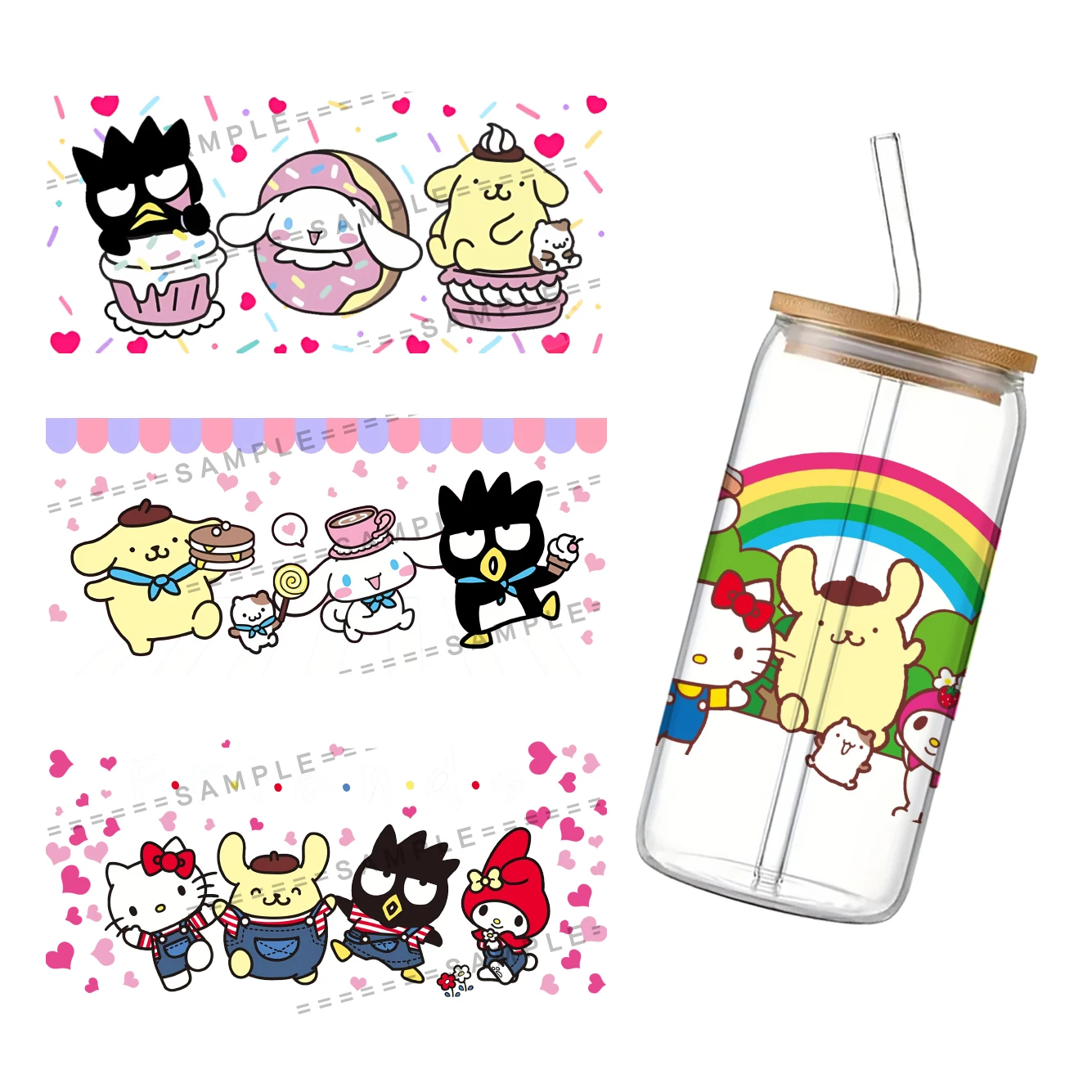 Sticker UV DTF Transfer Sanrio Cute Characters For 16oz Wrap GLASS Cups High Temperature Resistance DIY Waterproof Custom Decals