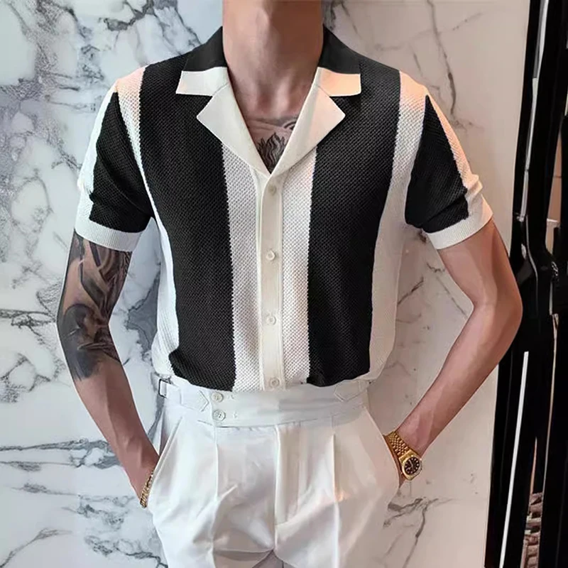 Knitwear Mens Slim Knit Shirts Vintage Striped Contrast Color Knitted Cardigan Men Tops Summer Short Sleeve Button Lapel Shirt