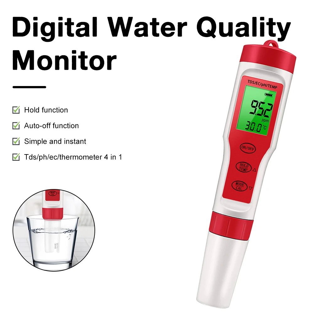 4 in 1 PH Meter PH/TDS/EC/Temperature Meter Digital Water Quality Monitor Tester for Pools Drinking Water Aquariums