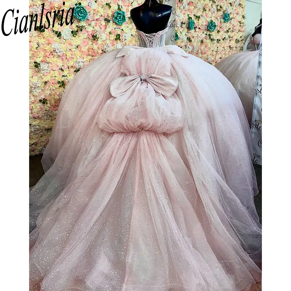 

Розовые блестящие кристаллы и бисерные банты, платья Quinceanera, бальное платье, милое платье без рукавов, милое платье 15 лет, мексиканское индивидуальное платье