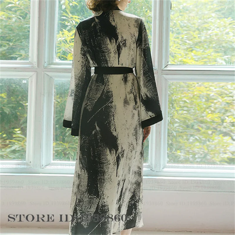 Female Long Robe Kimono Bathrobe Gown Print Dyeing Nightgown Sleepwear Spring Summer New Loungewear Loose Casual Satin Homewear