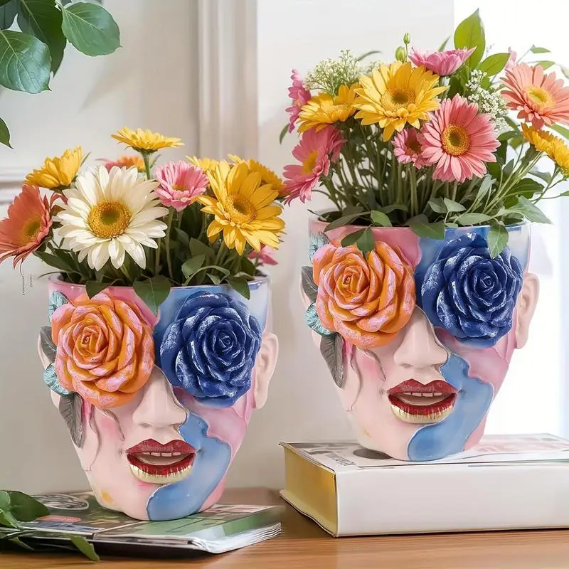 Face Flower Pot Head Planter Rose Eyes Art Abstract Resin Flower Pot Quirky Succulent Planter For Indoor Outdoor Plants Flower