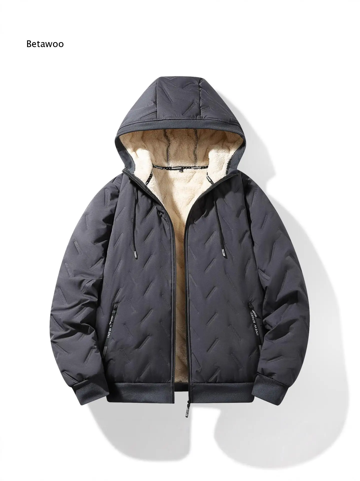 Casual Hooded Fleece Lined Jacket For Men Full Zip Geometric Stitched Drawstring Hood Zipper Pockets Loose Warm Outer Coat