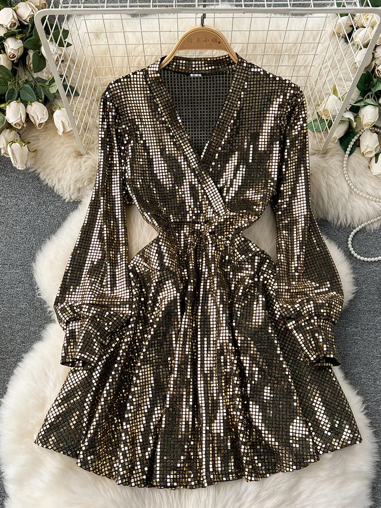 Litmage Women European Shirt Dress New Spring Clothing Niche Sequin Laser Glossy High-End Mini Length Sexy Club Vestidos DS002