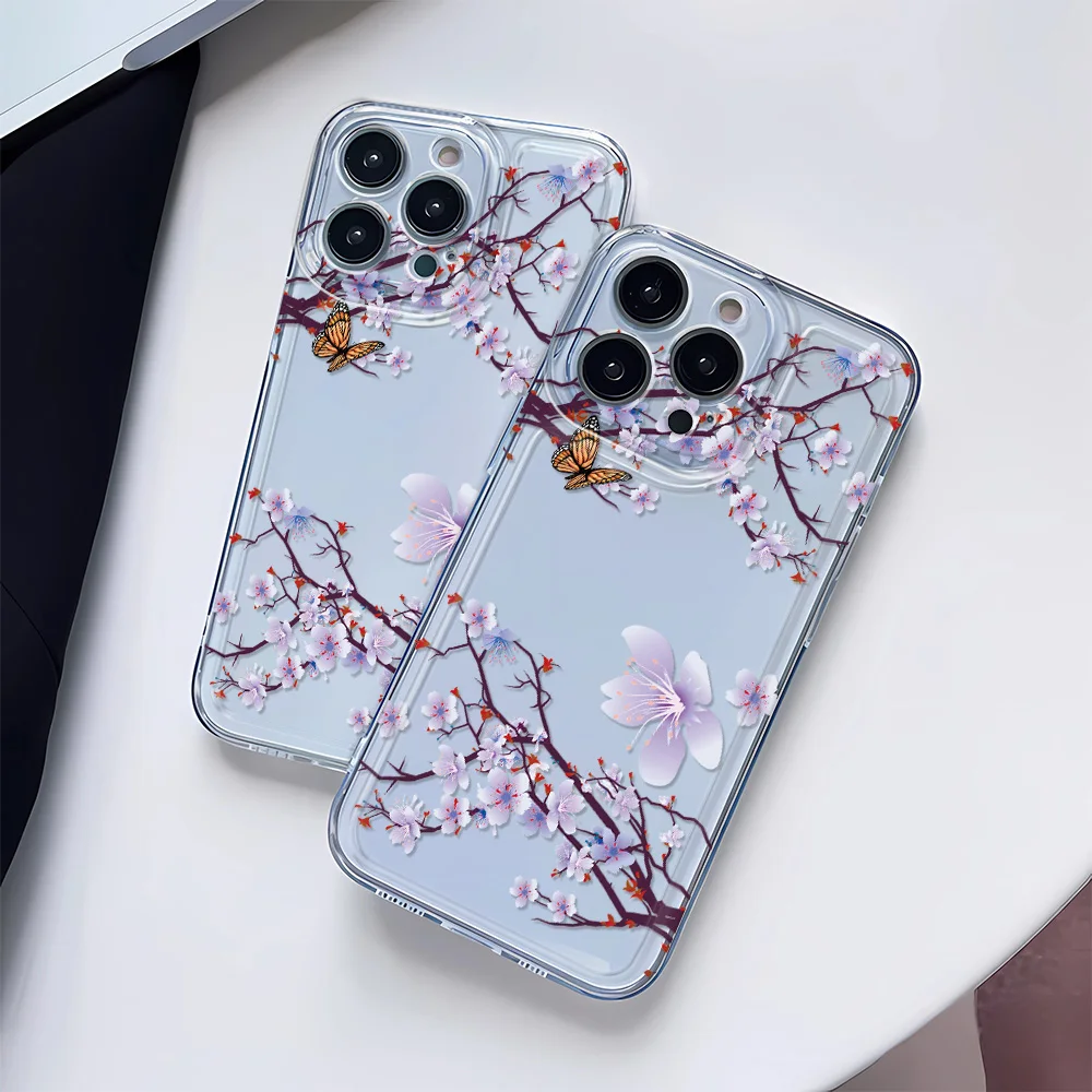 

Blossom Butterfly Phone Case For iPhone 15 14 12 13 11 Pro Max X Xs Xr 7 8 15Plus SE Soft Silicone Transparent Cover