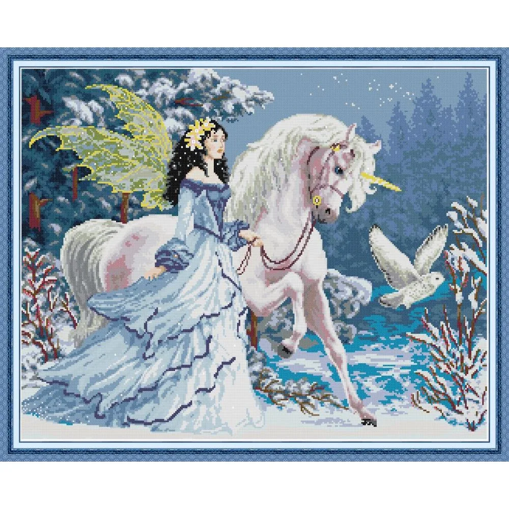

Joy Sunday New Stamped Cross Stitch Kit,11/14/16CT DIY Easy Pattern Aida Fabric Embroidery Set-Elves Riding Unicorns