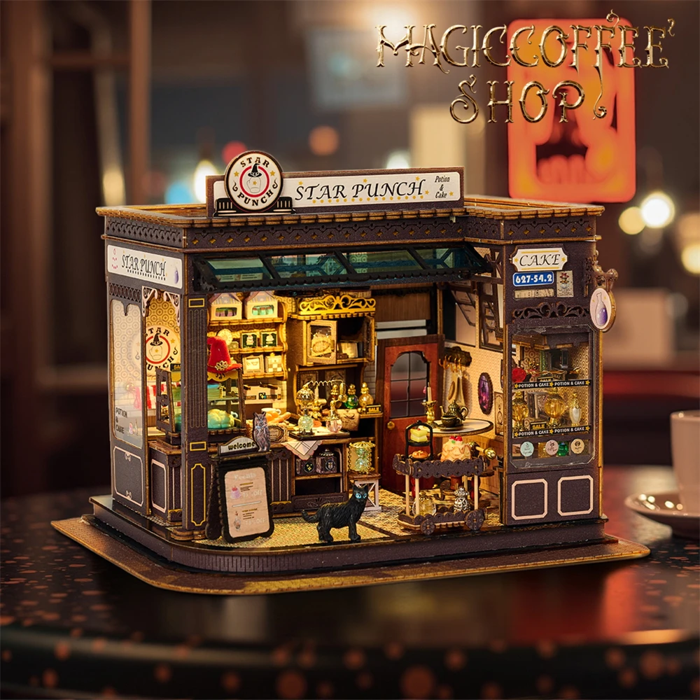

Retro DIY Wooden Magic Coffee Shop Cottage House Figurines Miniature Kits With LED Light Home Decoration For Adult Handmade Gift