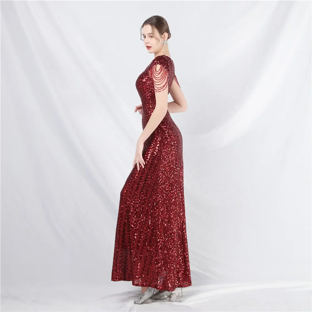 Robe de Soirée Extensible à Paillettes et Perles pour Femme, Tenue de Sirène, Trompent, Col en V, Fermeture Éclair au Dos, Longueur au Sol, Forme Formelle, Quelle que soit YE018