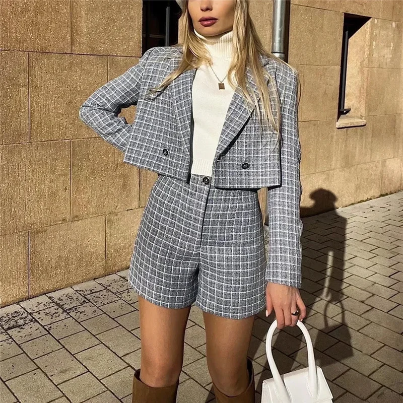 Woman Elegant Blue Tweed Short Blazer Suit 2022 Spring Chic Female High Waisted shorts Suits Office Ladies Straight Sets