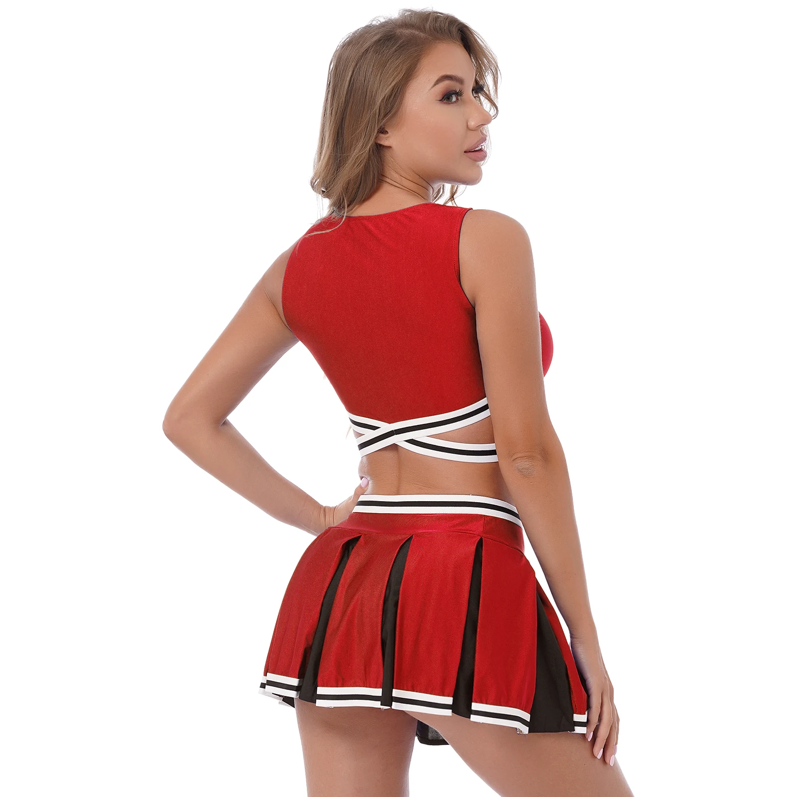 Women Adults Cheerleading Uniforms Cosplay Costume Cheerleader Outfit Crop Top with Pleated Skirts Team Sports Dance Performance