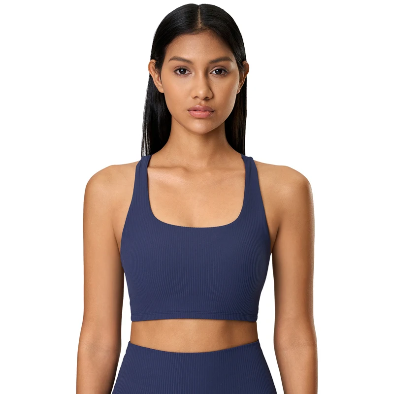 SHINBENE Sexy Cross Back Yoga Bras Ribbed Mid Support Running Fitness Top Bras