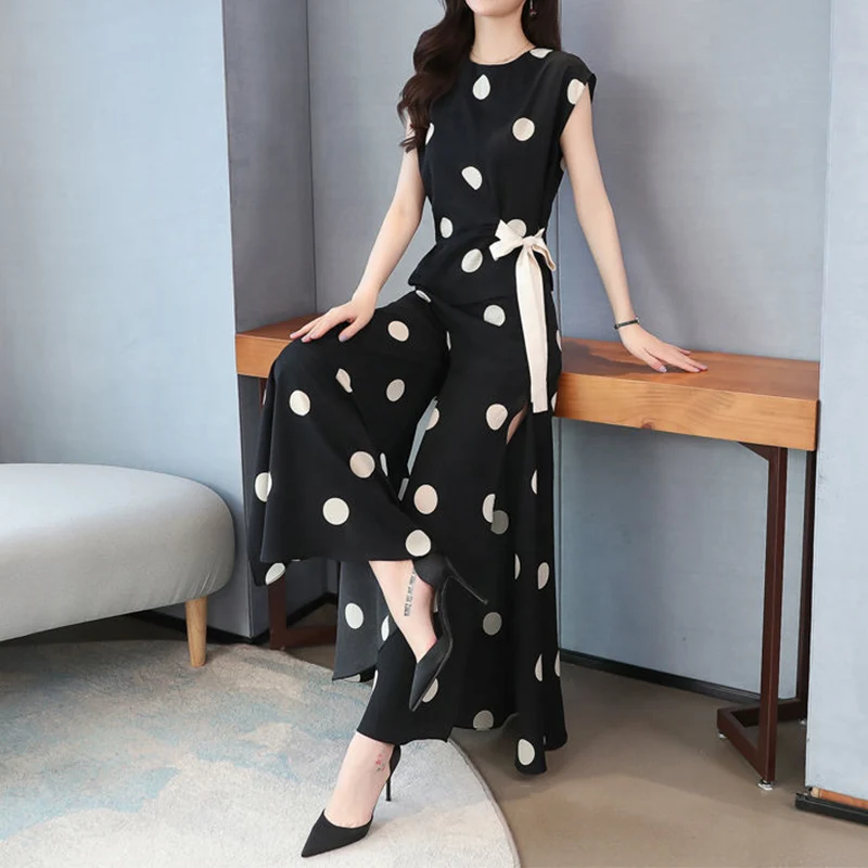 Elegant Fashion Polka Dot Print Pant Sets Summer 2023 O-Neck Short Sleeve Blouse Elastic Waist Wide Leg Pants Loose Women\'s Sets