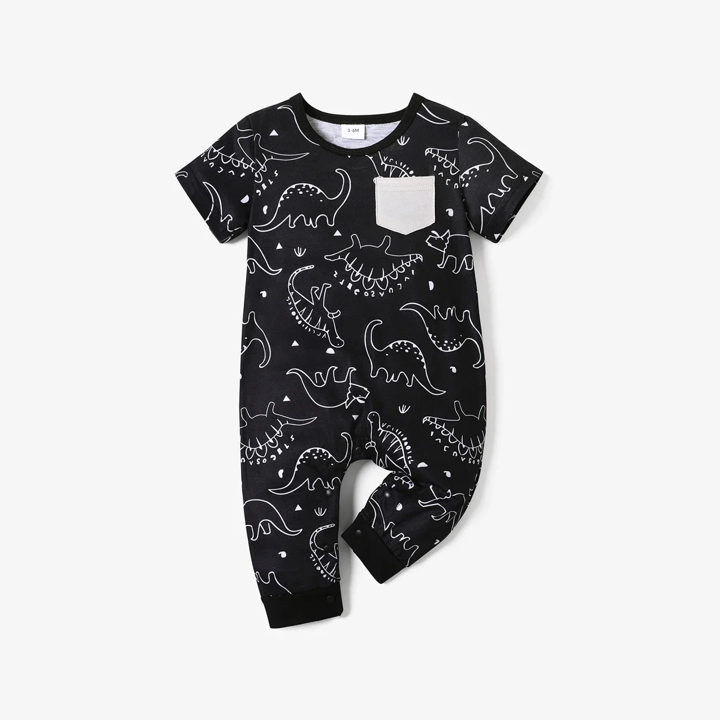 PatPat Dinosaur Allover Short-sleeve Black Baby Jumpsuit Soft and Comfortable  Perfect for Outings and Daily Wear Basic Style