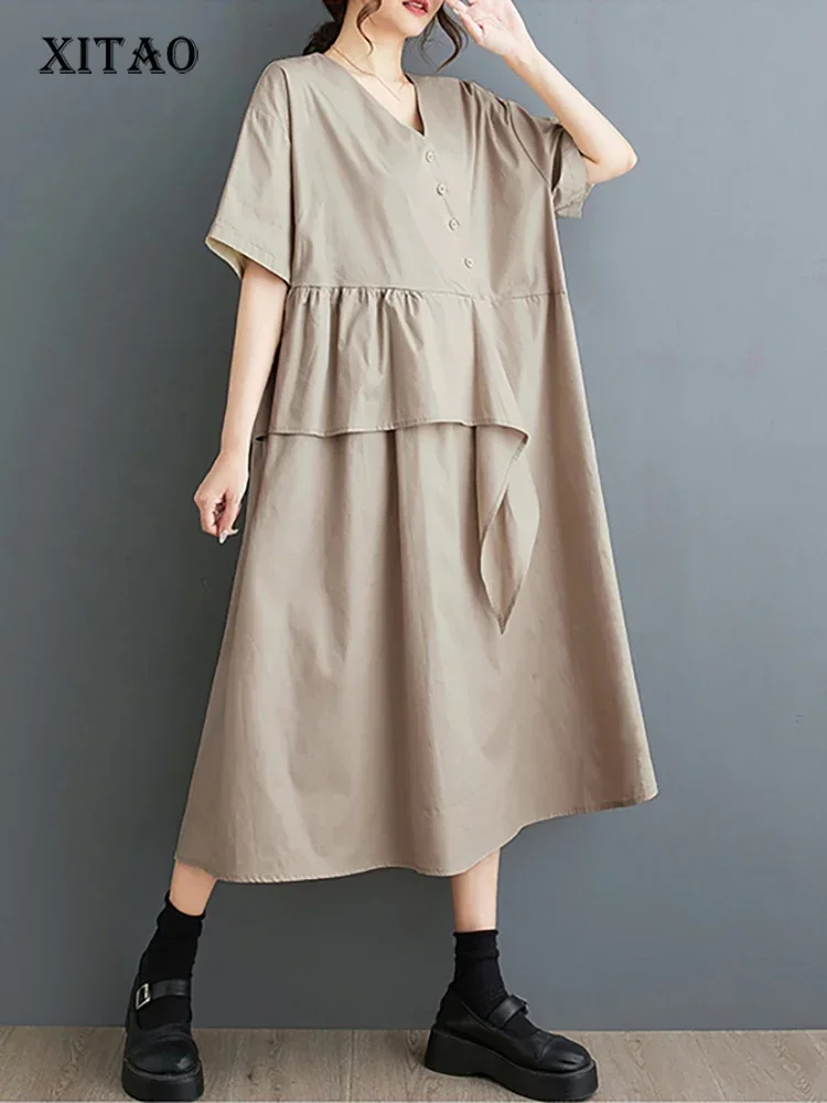 

XITAO Flounced Edge Patchwork V-neck Dress Solid Color Short Sleeve Single Breasted Pullover Loose Dress 2025 Summer New ZY8812