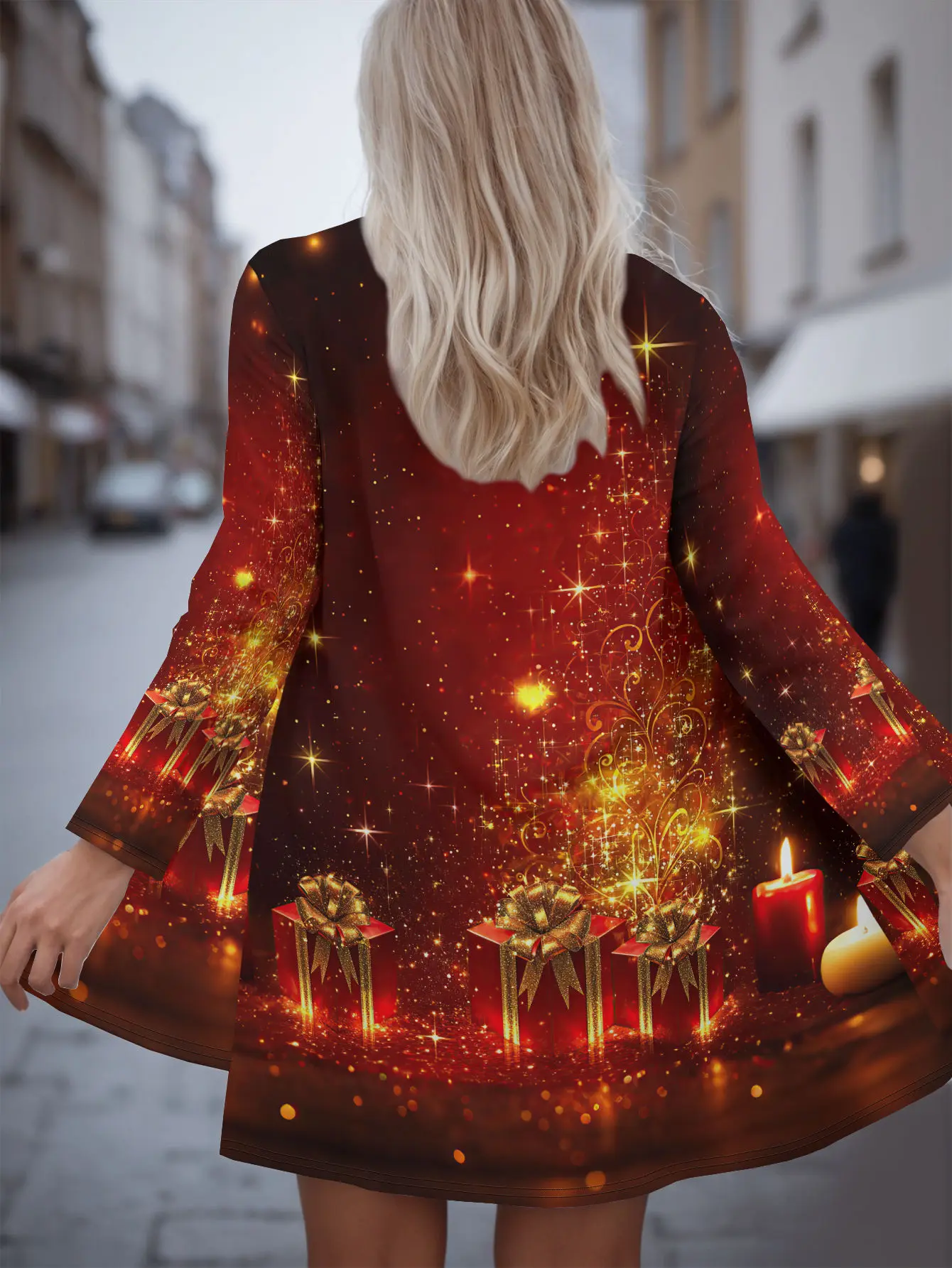 

Women's 3D Christmas Tree Cardigan, Winter White Golden Burgundy, Full Print Long Sleeve, Holiday Party Wear
