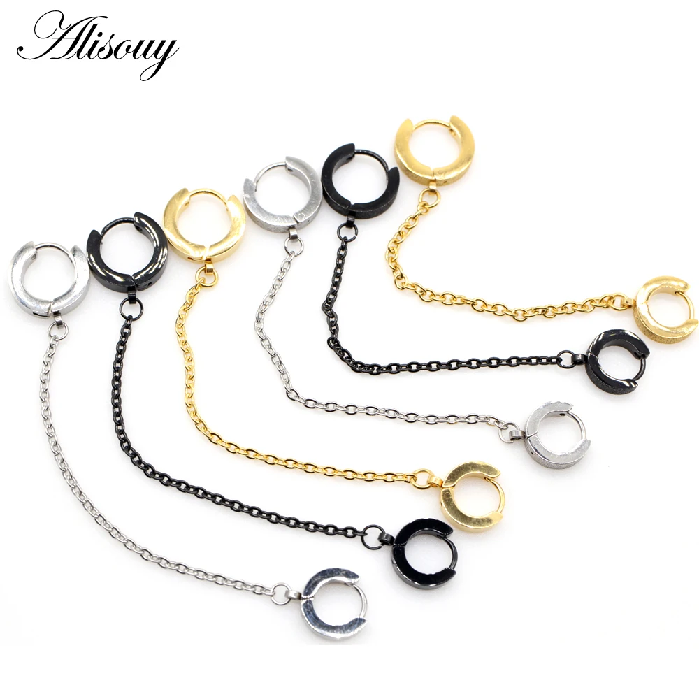 Alisouy 2PC Steel Black Color Men Ear Chain Double Pierced Eardrop Clip Dangle Earrings Fashion Jewelry for men women