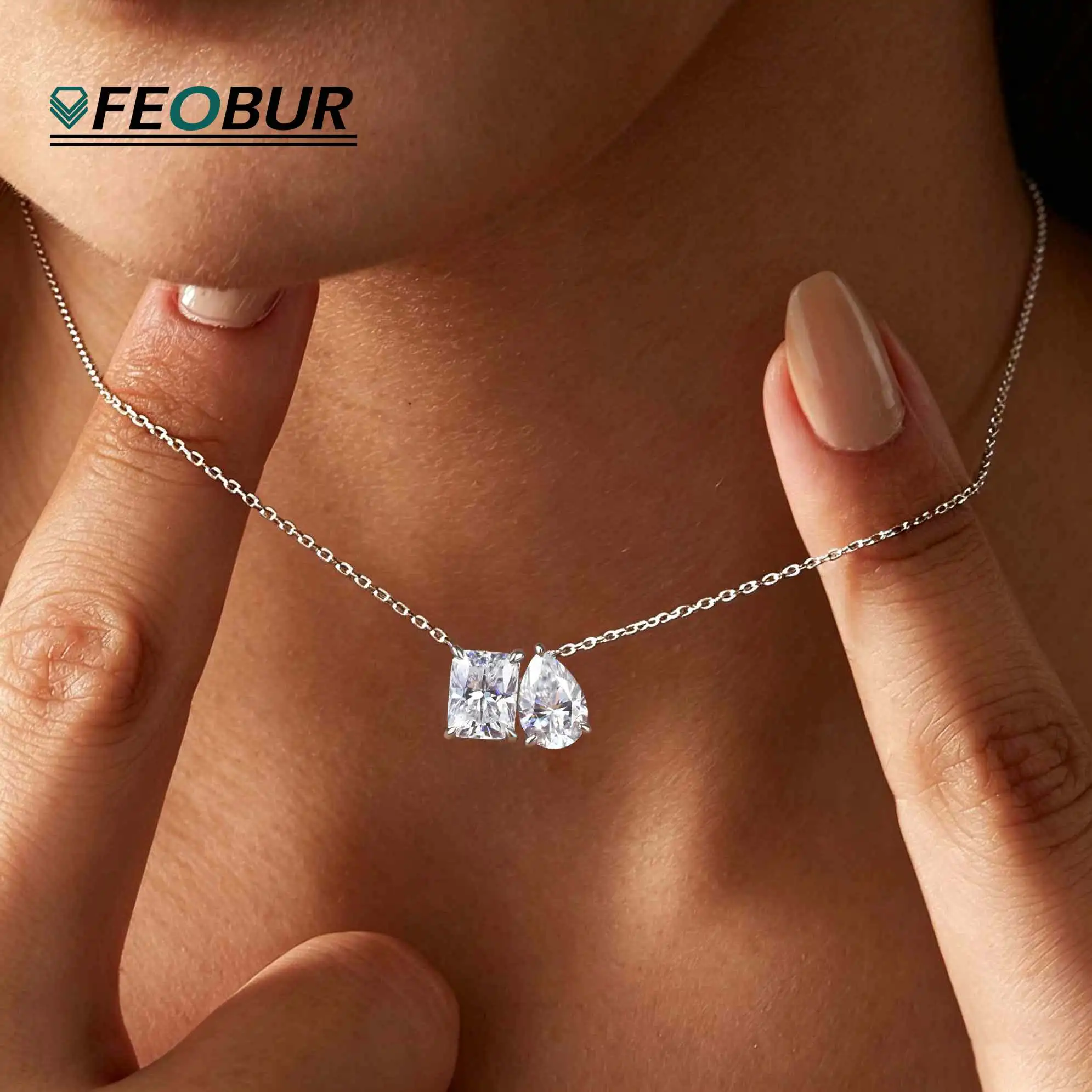 Two Stone Pear Radiant Cut Moissanite Pendant Necklace for Women Real 925 Silver 2-Diamond Neck Chain Certified Jewelry Gift