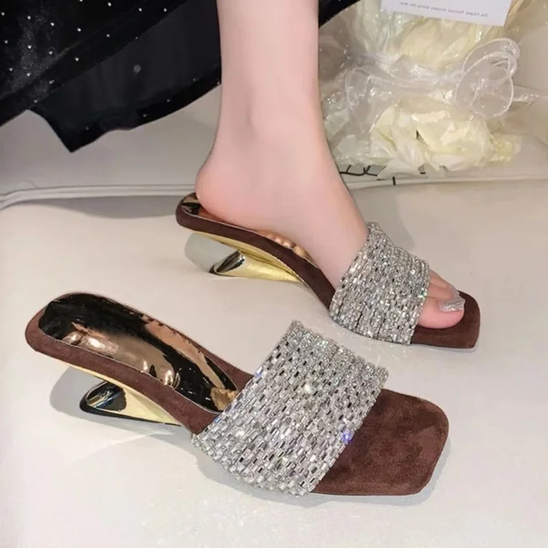 

Strange Heel One-word Slippers Women's Summer Outer Wear New Rinse Belt Suede Elegant Square Toe High Heel Sandals