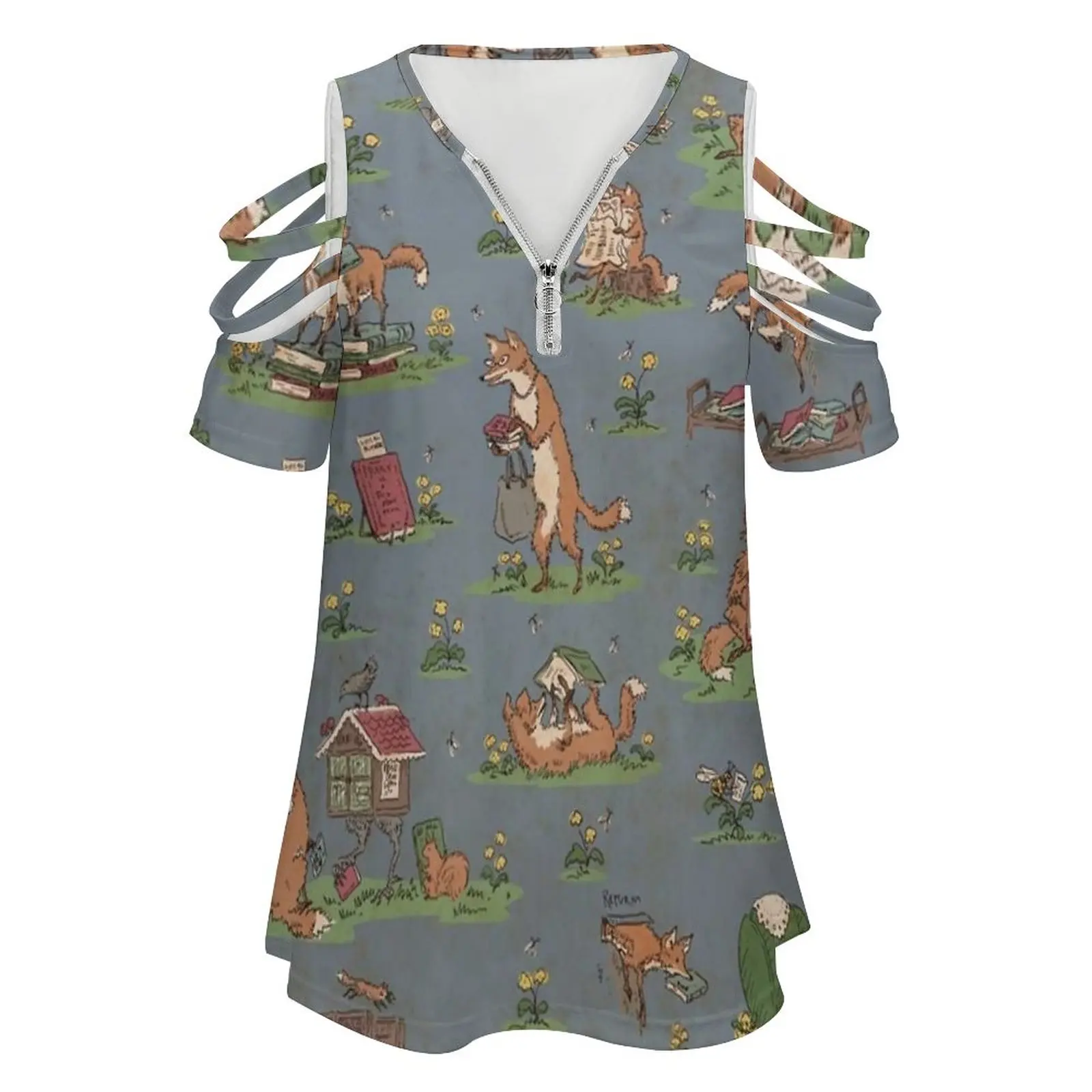 Library Foxes Women Zipper Various styles Printed T Shirts Tops Full Print T-Shirt Fox Foxes Library Libraries Book Books